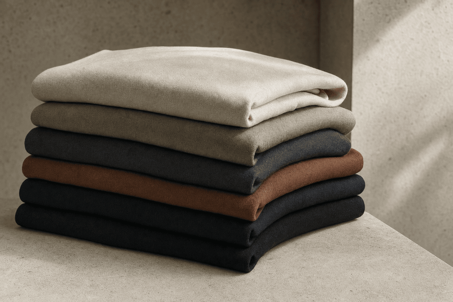 Stacked bone, stone, charcoal, ink, and clay garments on a stone plinth
